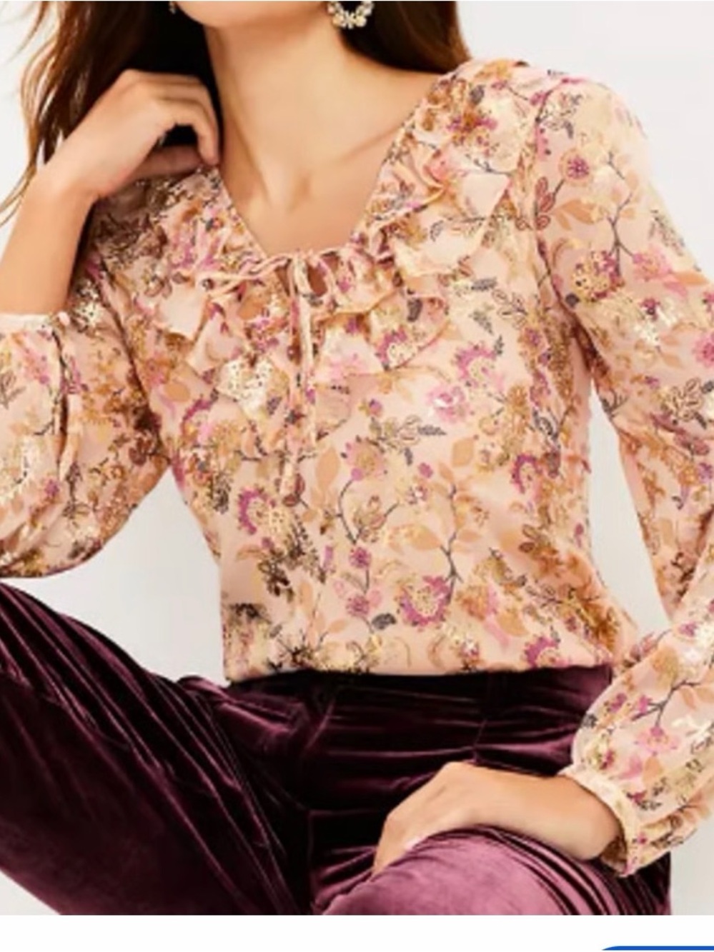 LOFT Shimmer Floral Ruffle Tie Neck Blouse